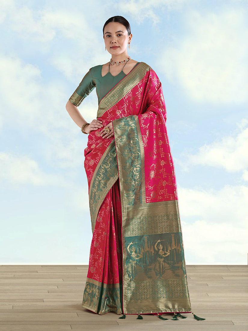 Monjolika Fashion Rani Pink Banarasi Silk Saree With Zari Woven Design - Distacart