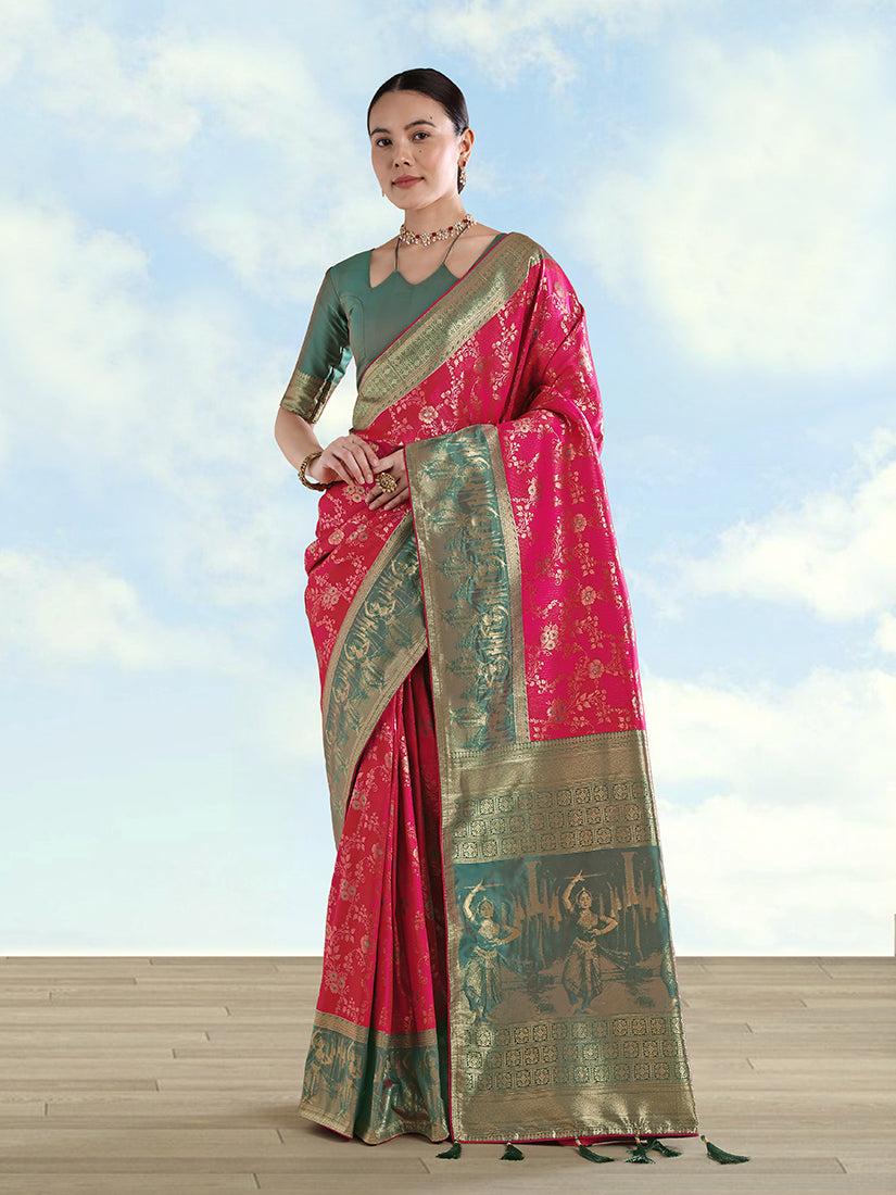 Monjolika Fashion Rani Pink Banarasi Silk Saree With Zari Woven Design - Distacart