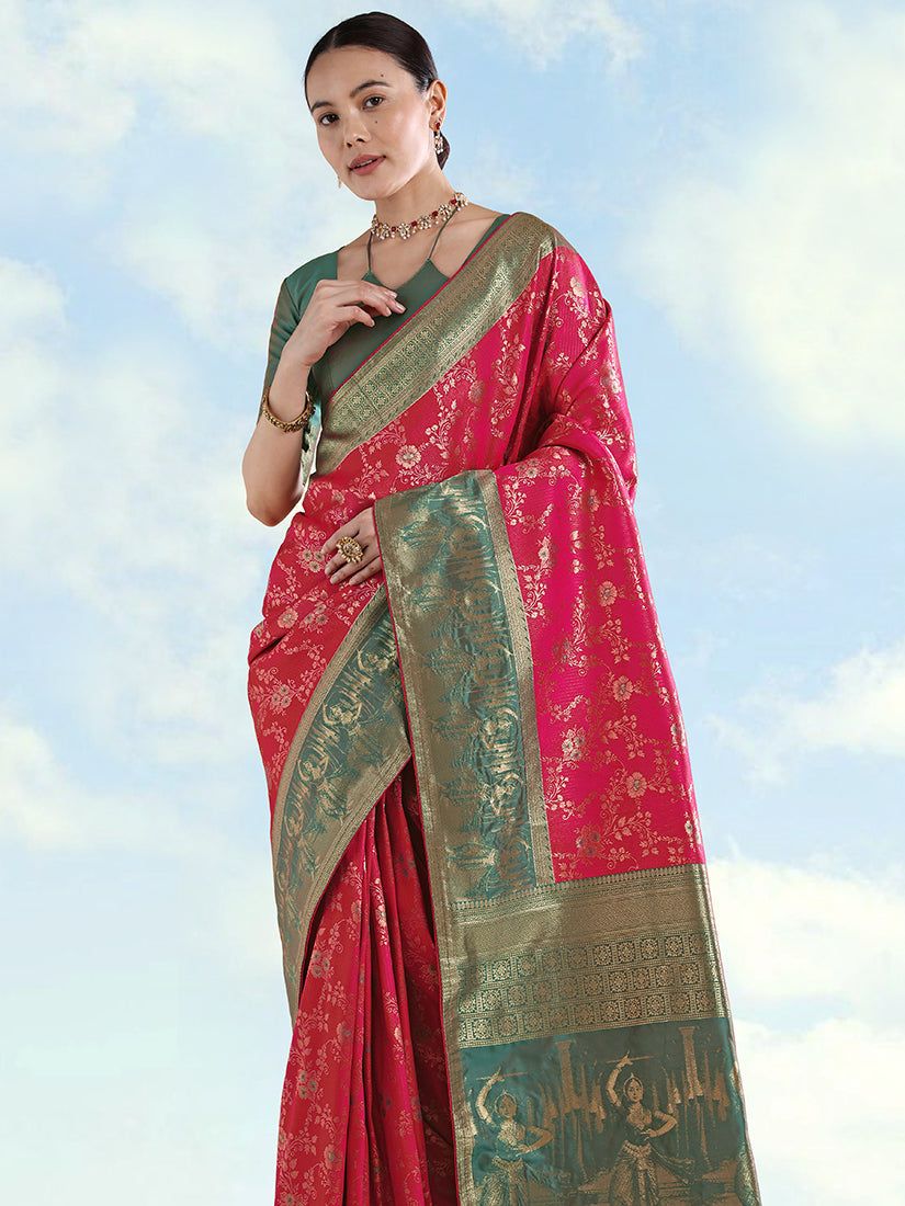 Monjolika Fashion Rani Pink Banarasi Silk Saree With Zari Woven Design - Distacart