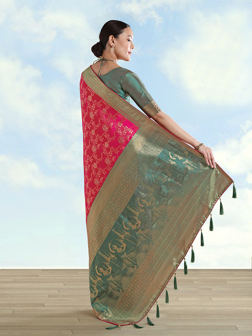Monjolika Fashion Rani Pink Banarasi Silk Saree With Zari Woven Design - Distacart