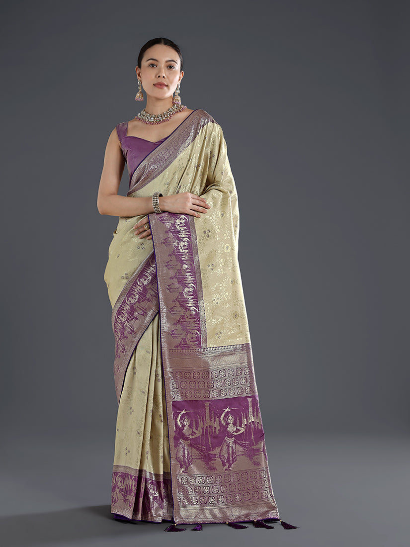 Monjolika Fashion Cream Banarasi Silk Saree With Zari Woven Design - Distacart