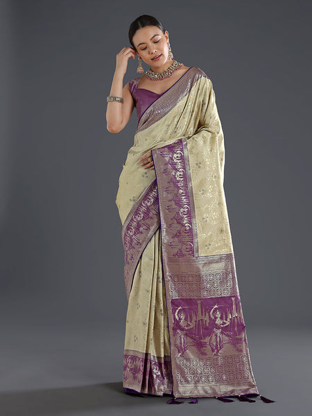 Monjolika Fashion Cream Banarasi Silk Saree With Zari Woven Design