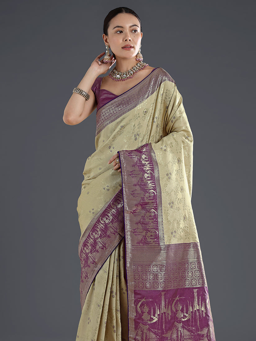Monjolika Fashion Cream Banarasi Silk Saree With Zari Woven Design - Distacart