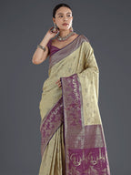 Monjolika Fashion Cream Banarasi Silk Saree With Zari Woven Design - Distacart