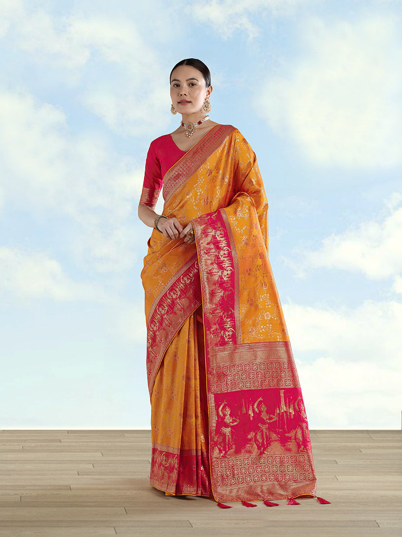 Monjolika Fashion Orange Banarasi Silk Saree With Zari Woven Design - Distacart