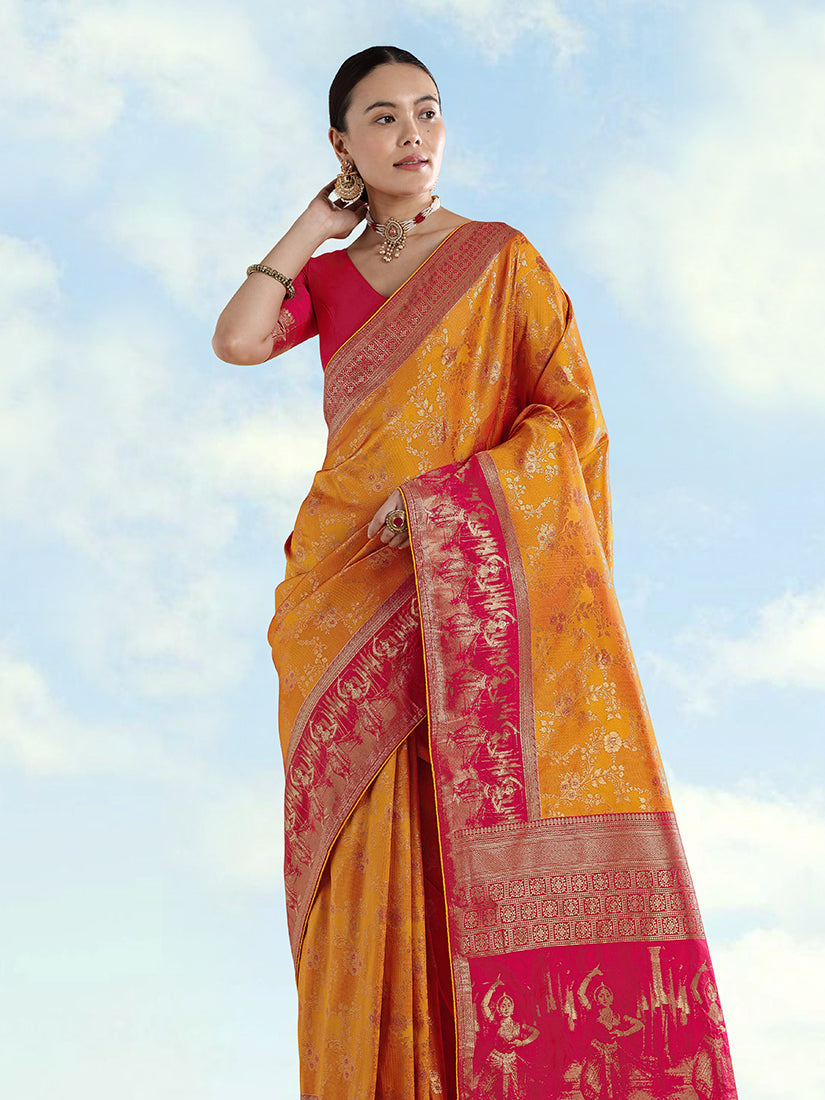 Monjolika Fashion Orange Banarasi Silk Saree With Zari Woven Design - Distacart