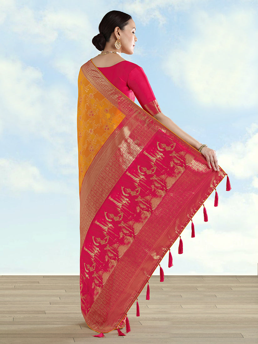 Monjolika Fashion Orange Banarasi Silk Saree With Zari Woven Design - Distacart