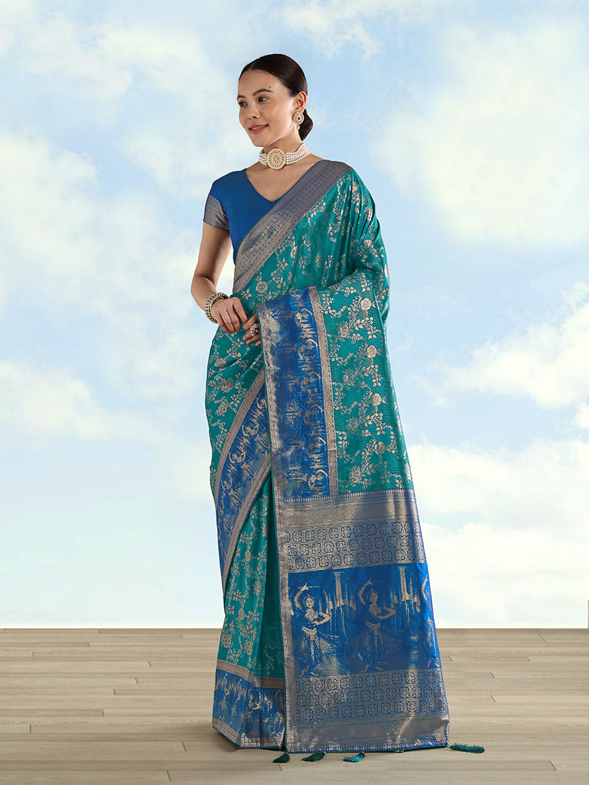 Monjolika Fashion Turquoise Banarasi Silk Saree With Zari Woven Design - Distacart
