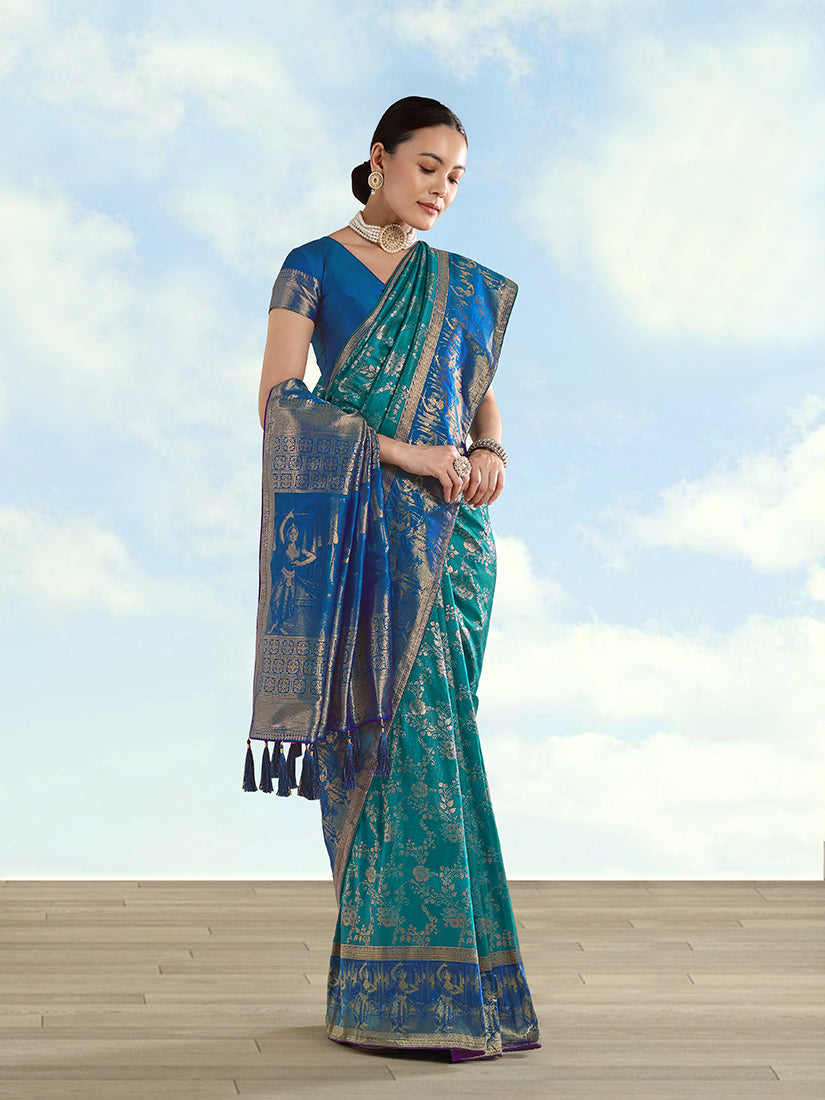 Monjolika Fashion Turquoise Banarasi Silk Saree With Zari Woven Design - Distacart