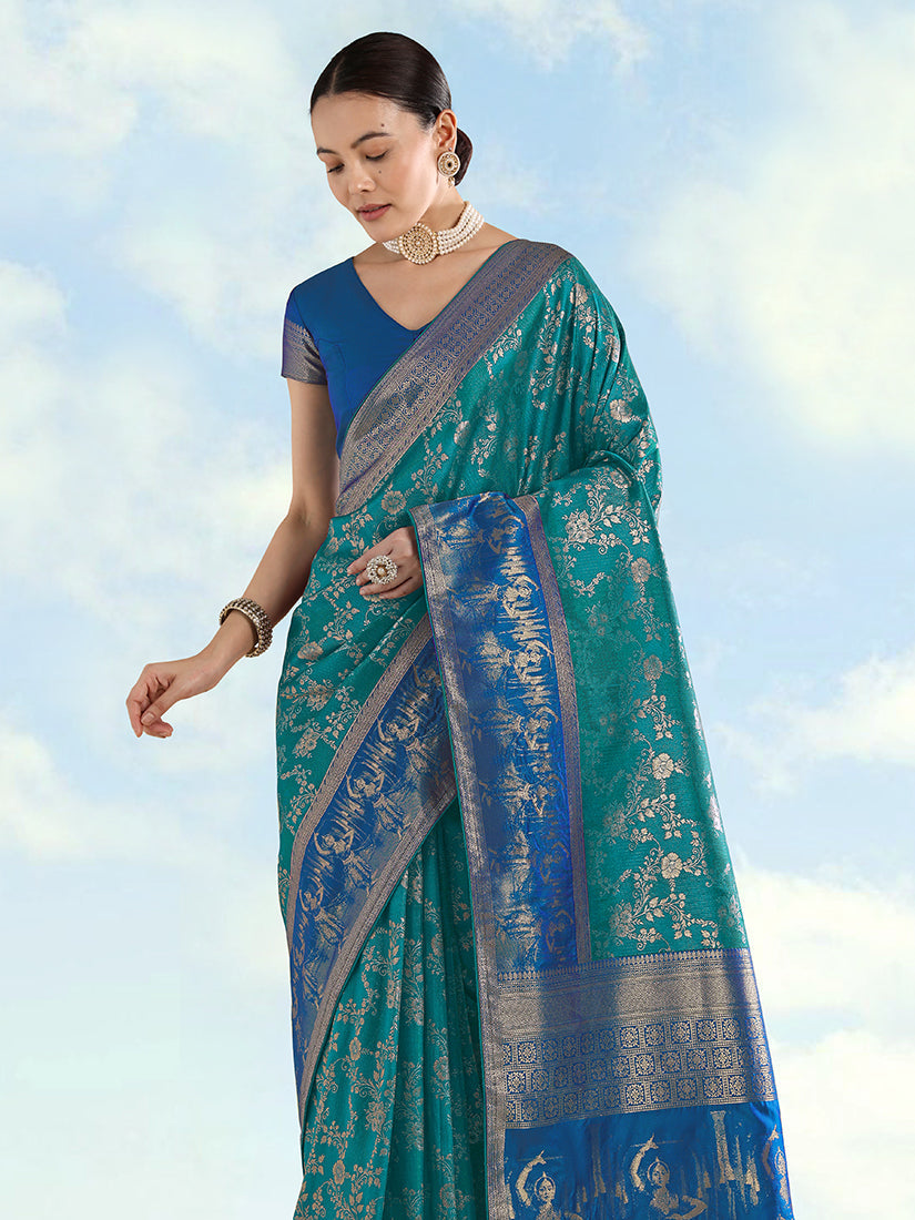 Monjolika Fashion Turquoise Banarasi Silk Saree With Zari Woven Design - Distacart