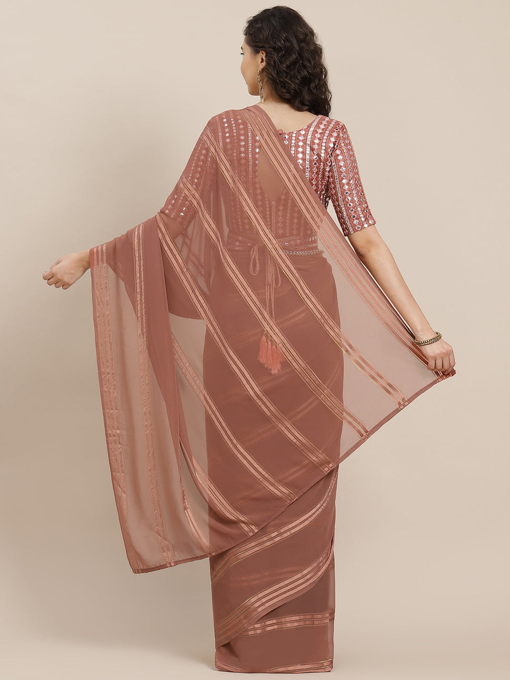 Saree Mall Brown Striped Mirror Work Saree - Distacart