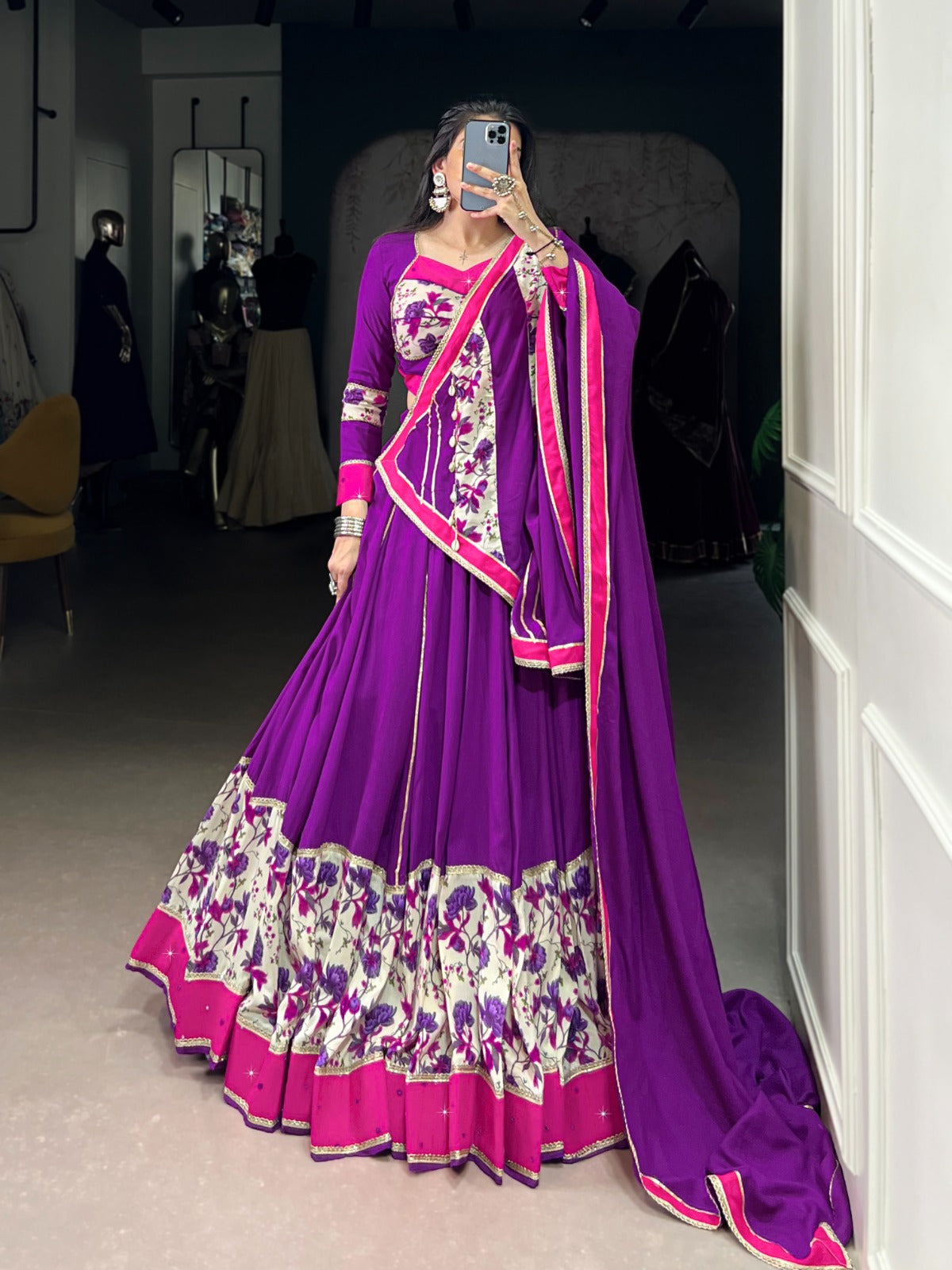 Lorenvalley Fashion Purple Pure Rayon Printed And Original Mirror Hand Work With Lace Touch Up Lehenga Choli with Dupatta
