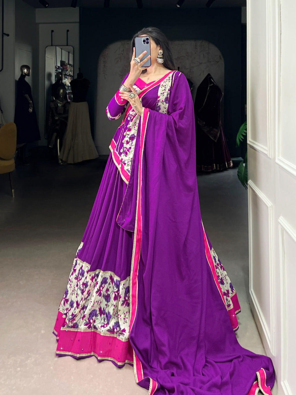 Lorenvalley Fashion Purple Pure Rayon Printed And Original Mirror Hand Work With Lace Touch Up Lehenga Choli with Dupatta