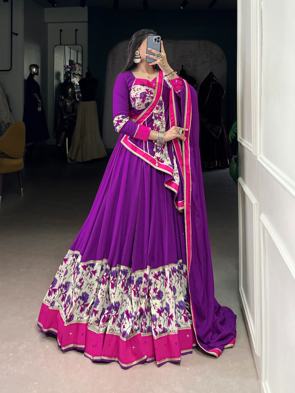 Lorenvalley Fashion Purple Pure Rayon Printed And Original Mirror Hand Work With Lace Touch Up Lehenga Choli with Dupatta