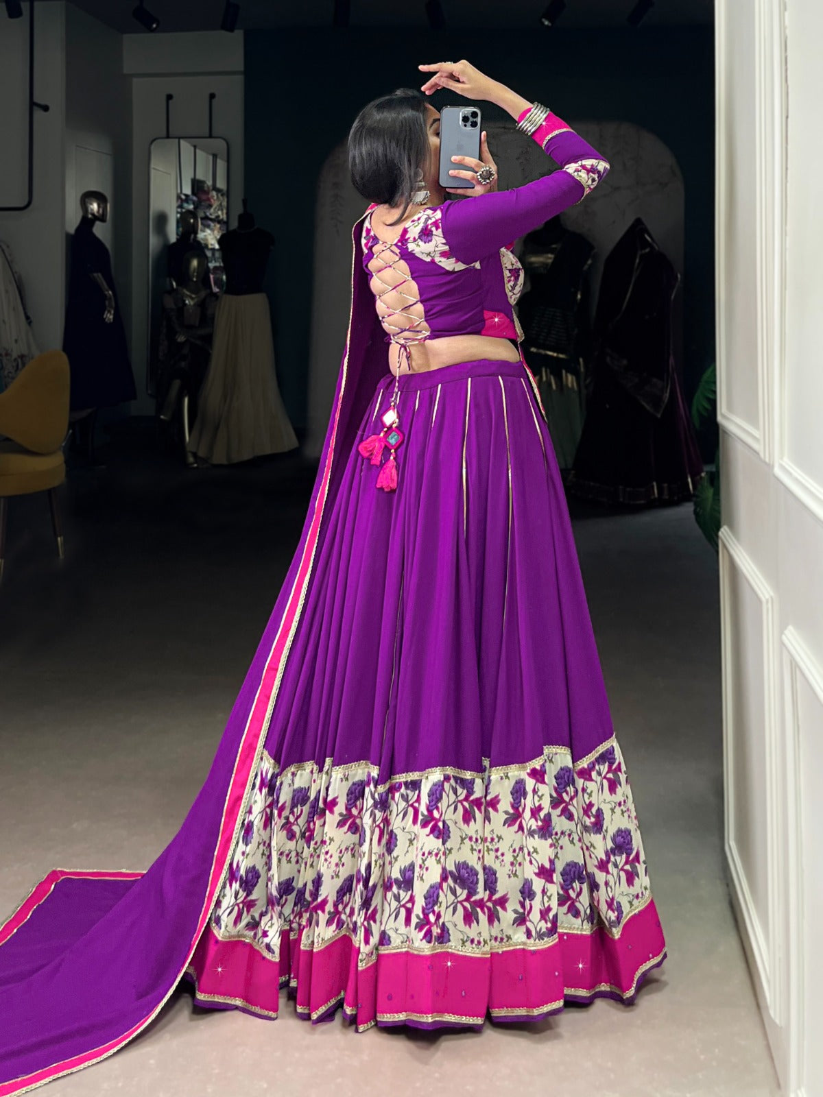 Lorenvalley Fashion Purple Pure Rayon Printed And Original Mirror Hand Work With Lace Touch Up Lehenga Choli with Dupatta