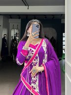 Lorenvalley Fashion Purple Pure Rayon Printed And Original Mirror Hand Work With Lace Touch Up Lehenga Choli with Dupatta