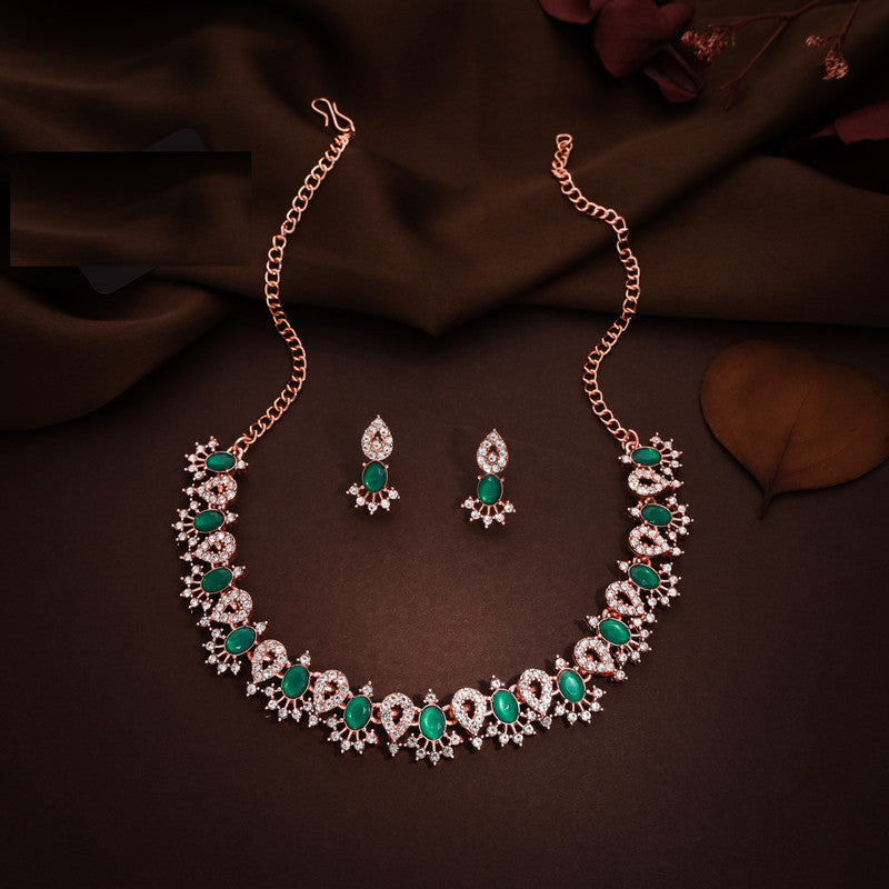 Tehzeeb Creations Green Colour Ad Studded Necklace Jewellery Set With Matching Earrings For Women And Girls