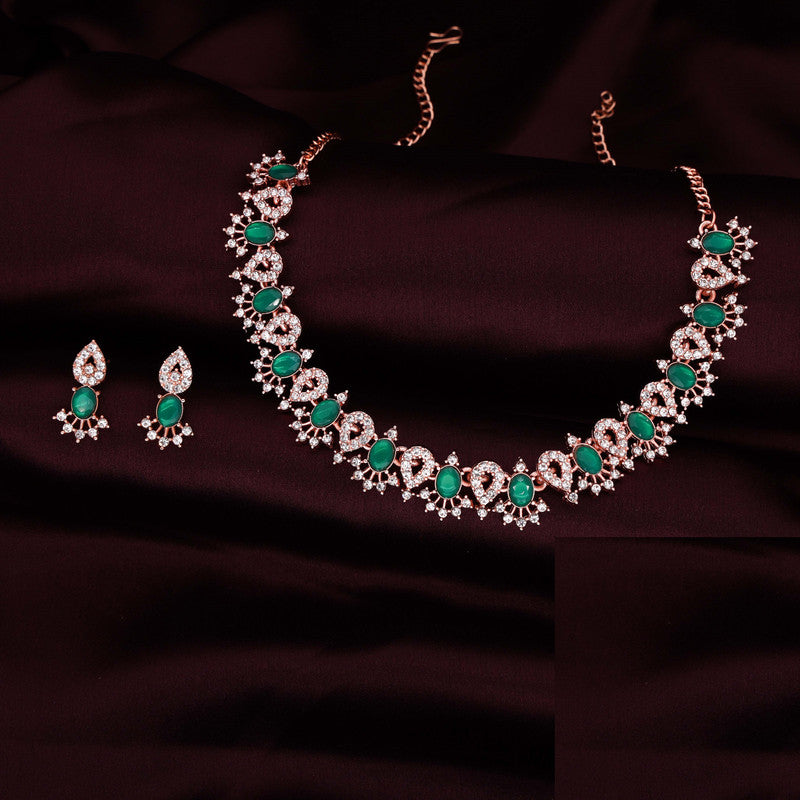 Tehzeeb Creations Green Colour Ad Studded Necklace Jewellery Set With Matching Earrings For Women And Girls