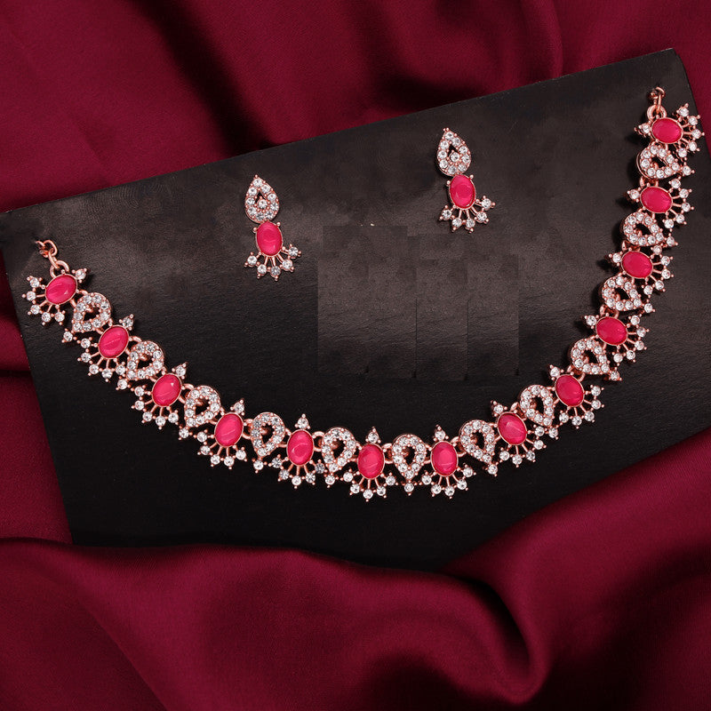 Tehzeeb Creations Pink Colour Ad Studded Necklace Jewellery Set With Matching Earrings For Women And Girls