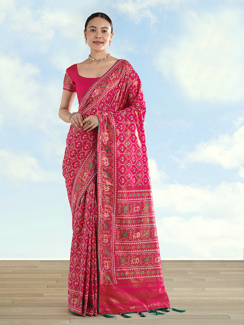 Monjolika Fashion Rani Pink Satin Silk Saree With Patola Work And Elephant Motifs - Distacart