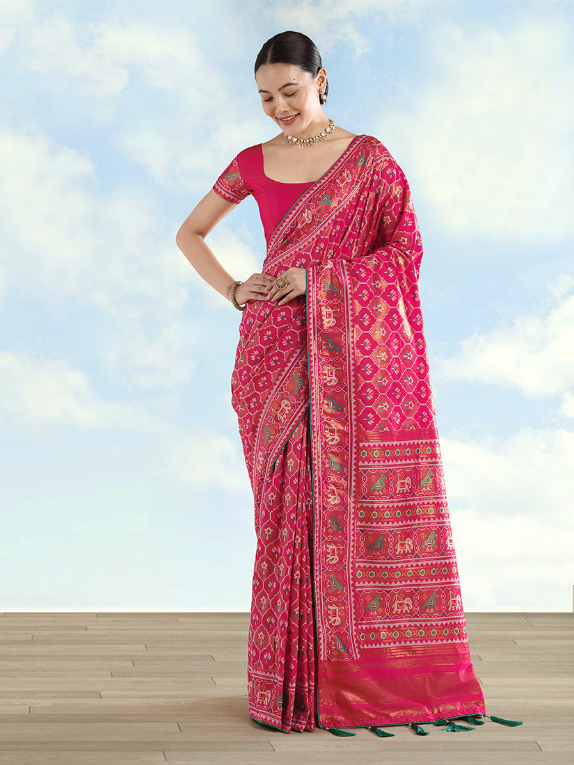 Monjolika Fashion Rani Pink Satin Silk Saree With Patola Work And Elephant Motifs - Distacart