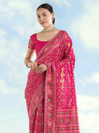 Monjolika Fashion Rani Pink Satin Silk Saree With Patola Work And Elephant Motifs - Distacart