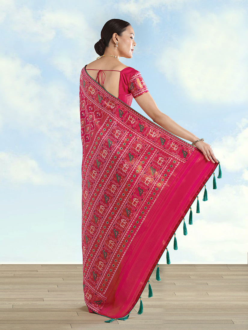 Monjolika Fashion Rani Pink Satin Silk Saree With Patola Work And Elephant Motifs - Distacart