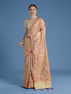 Monjolika Fashion Cream Satin Silk Saree With Patola Work And Elephant Motifs - Distacart