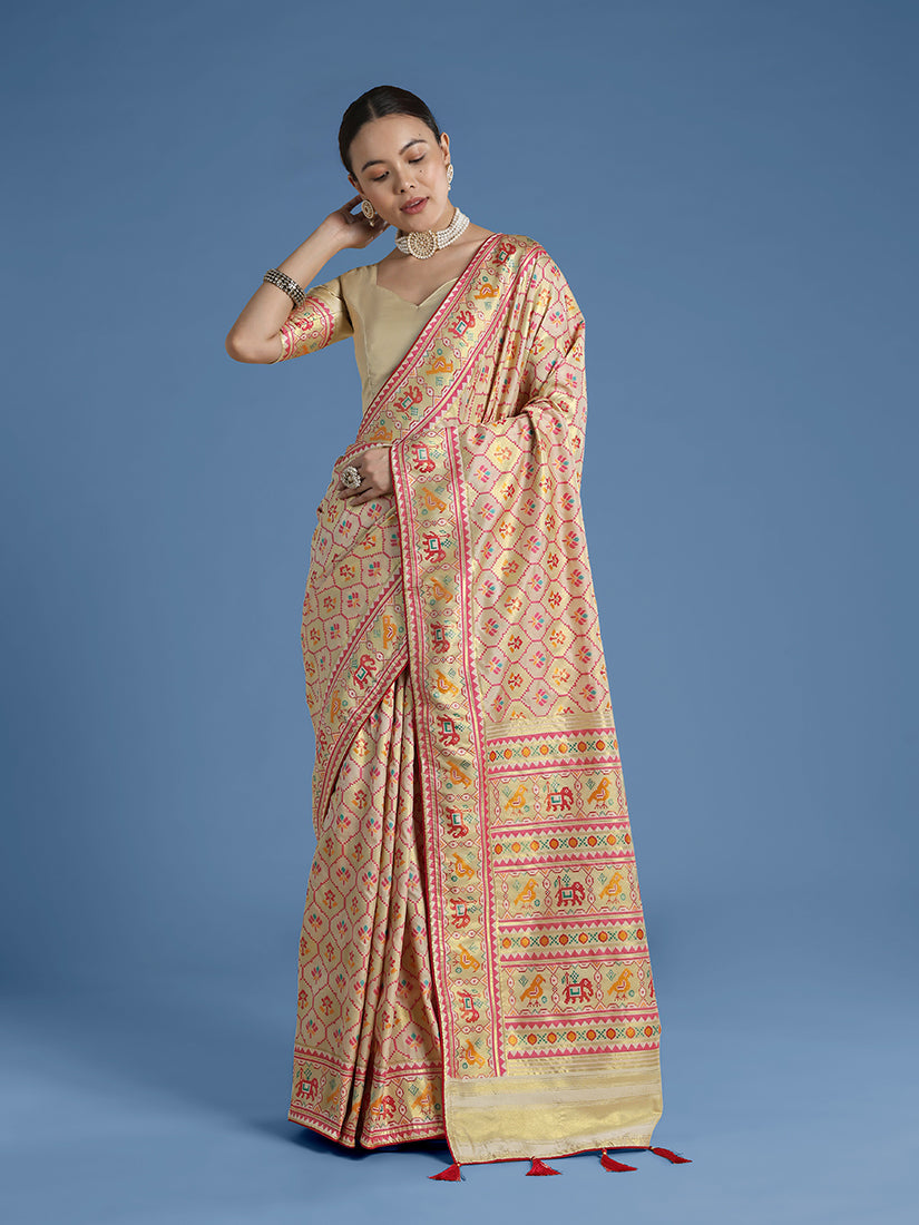 Monjolika Fashion Cream Satin Silk Saree With Patola Work And Elephant Motifs - Distacart