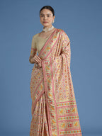 Monjolika Fashion Cream Satin Silk Saree With Patola Work And Elephant Motifs - Distacart