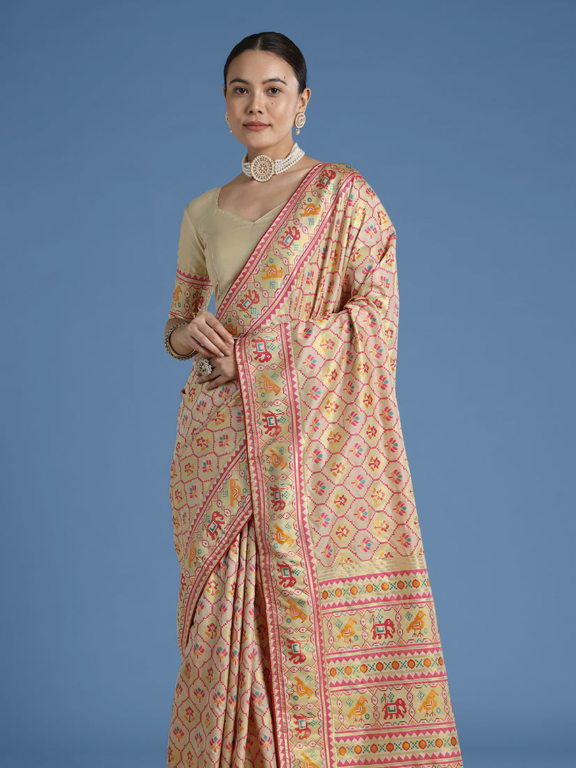 Monjolika Fashion Cream Satin Silk Saree With Patola Work And Elephant Motifs - Distacart