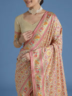 Monjolika Fashion Cream Satin Silk Saree With Patola Work And Elephant Motifs - Distacart