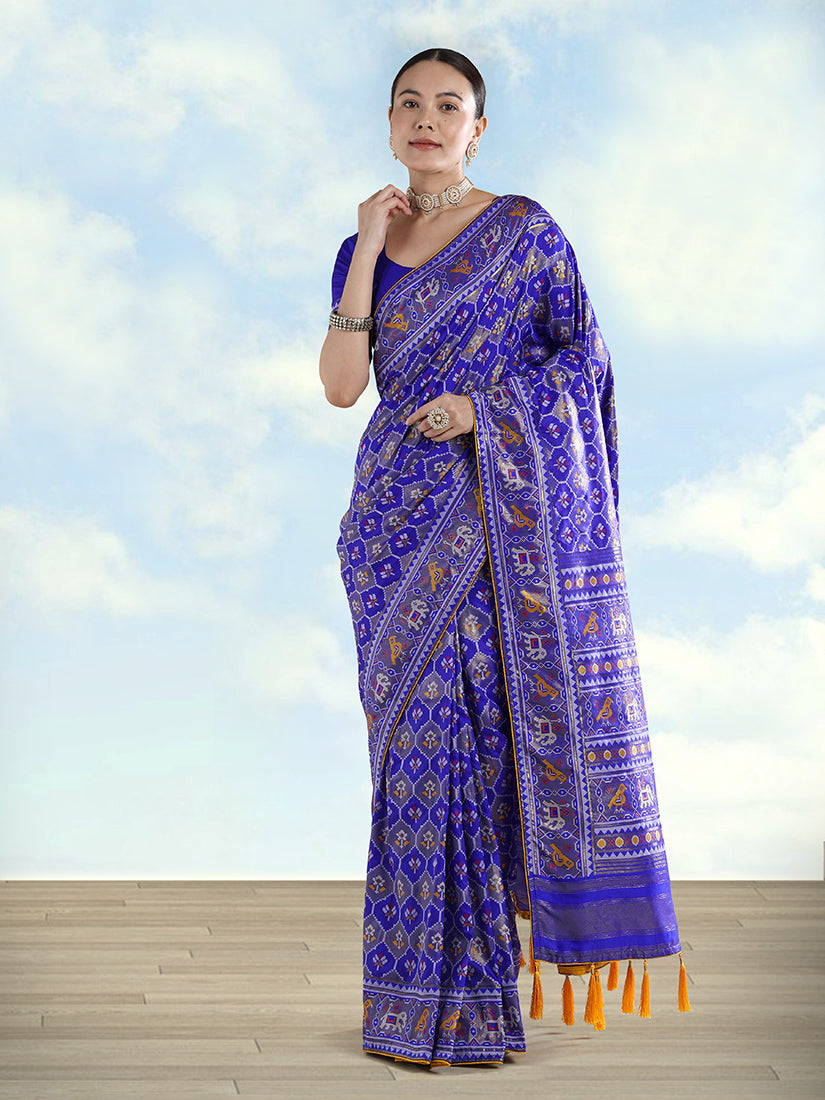 Monjolika Fashion Navy Blue Satin Silk Saree With Patola Work And Elephant Motifs - Distacart