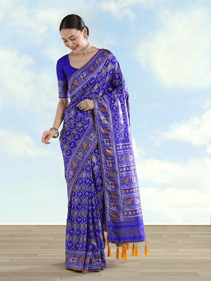 Monjolika Fashion Navy Blue Satin Silk Saree With Patola Work And Elephant Motifs - Distacart