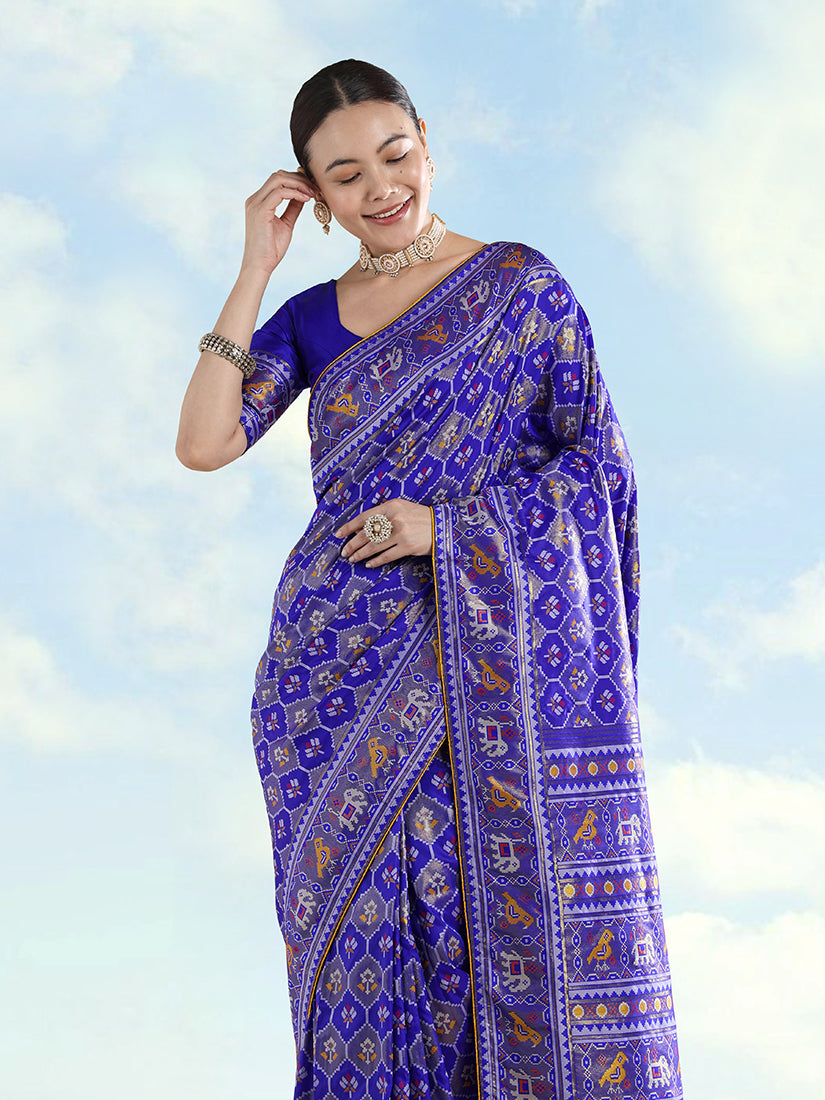 Monjolika Fashion Navy Blue Satin Silk Saree With Patola Work And Elephant Motifs - Distacart