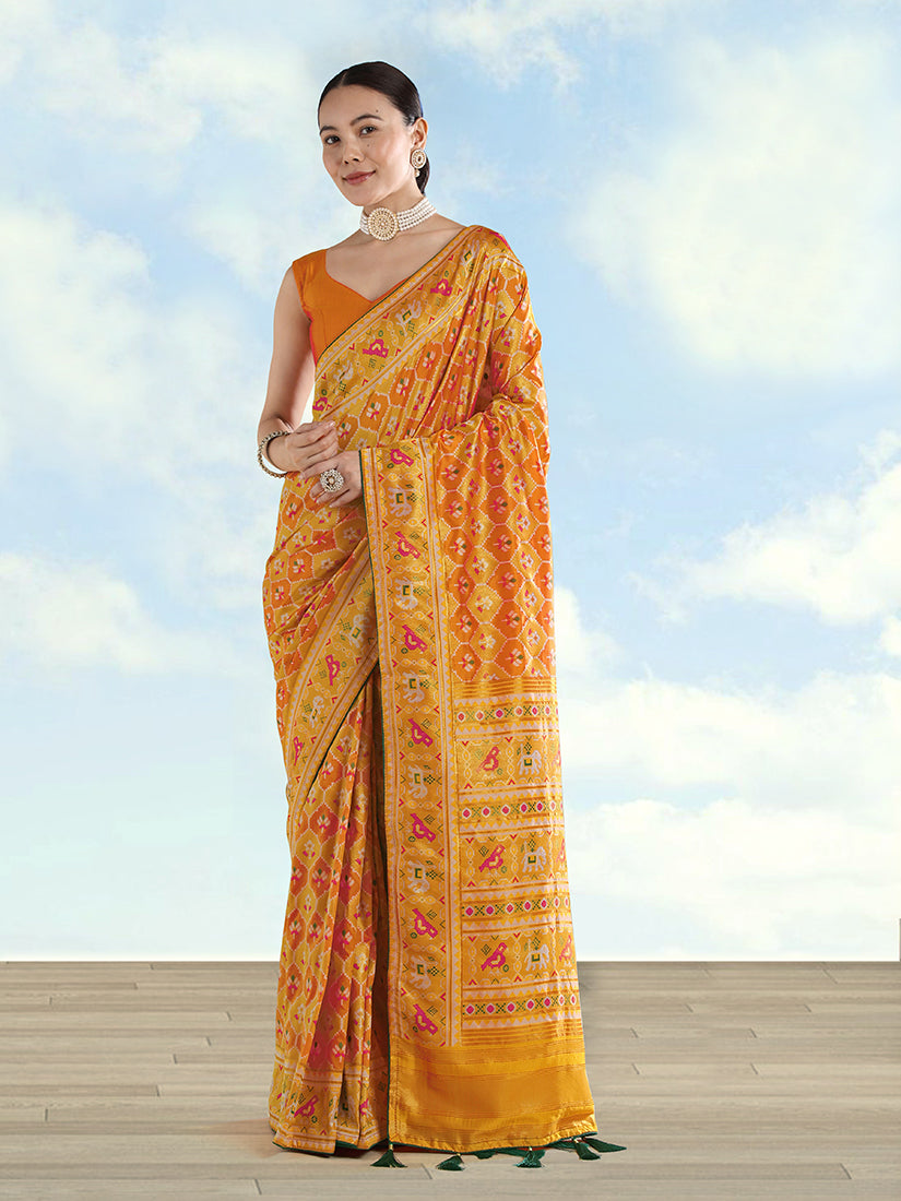 Monjolika Fashion Mustard Satin Silk Saree With Patola Work And Elephant Motifs - Distacart