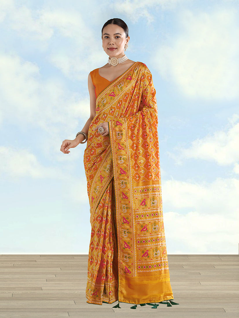 Monjolika Fashion Mustard Satin Silk Saree With Patola Work And Elephant Motifs - Distacart