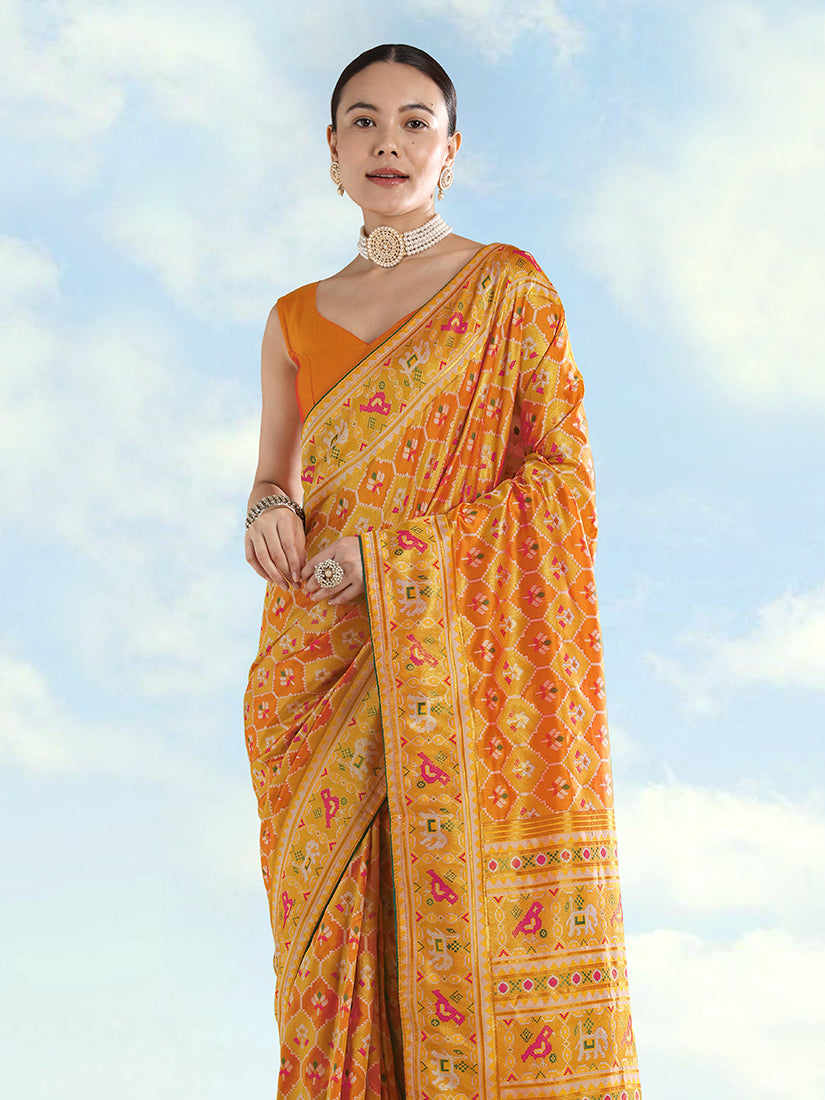 Monjolika Fashion Mustard Satin Silk Saree With Patola Work And Elephant Motifs - Distacart