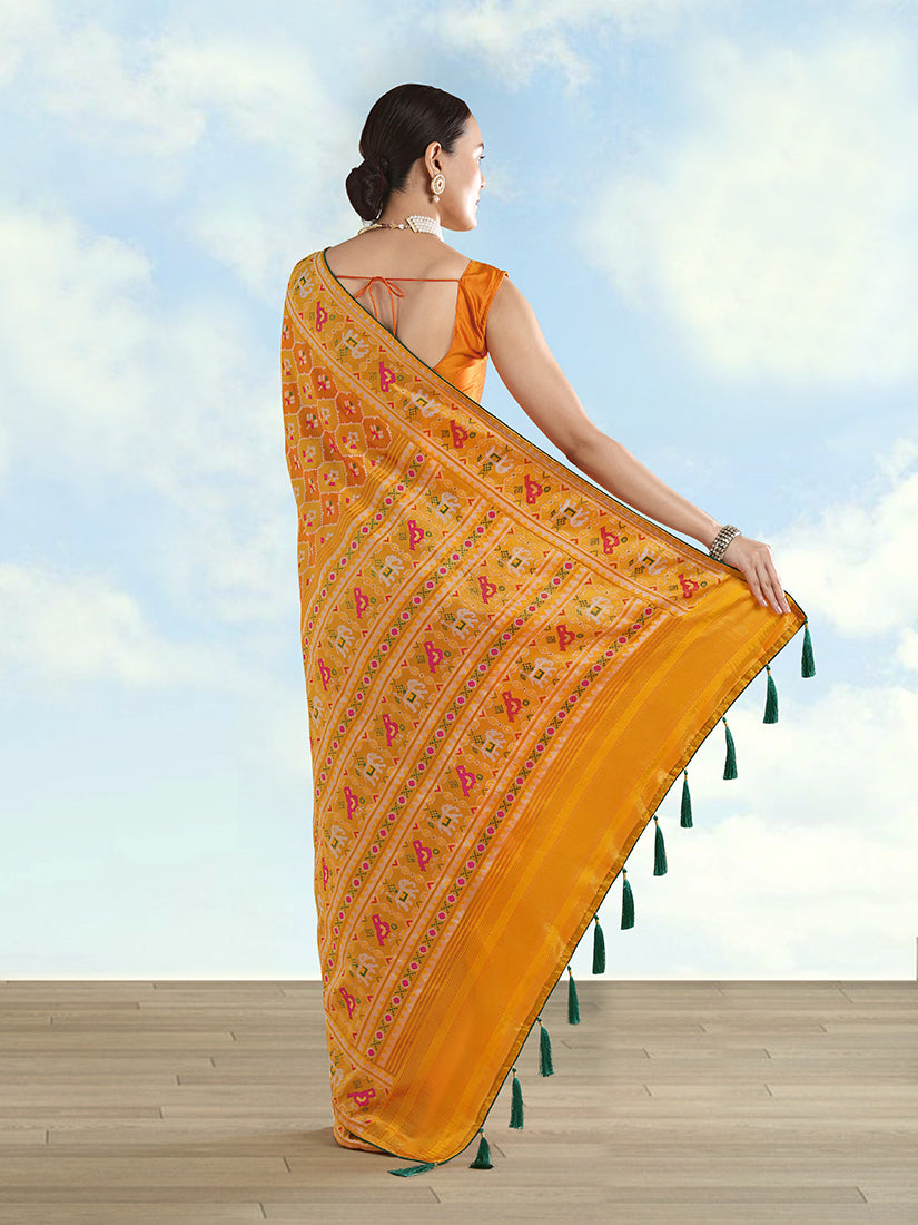 Monjolika Fashion Mustard Satin Silk Saree With Patola Work And Elephant Motifs - Distacart
