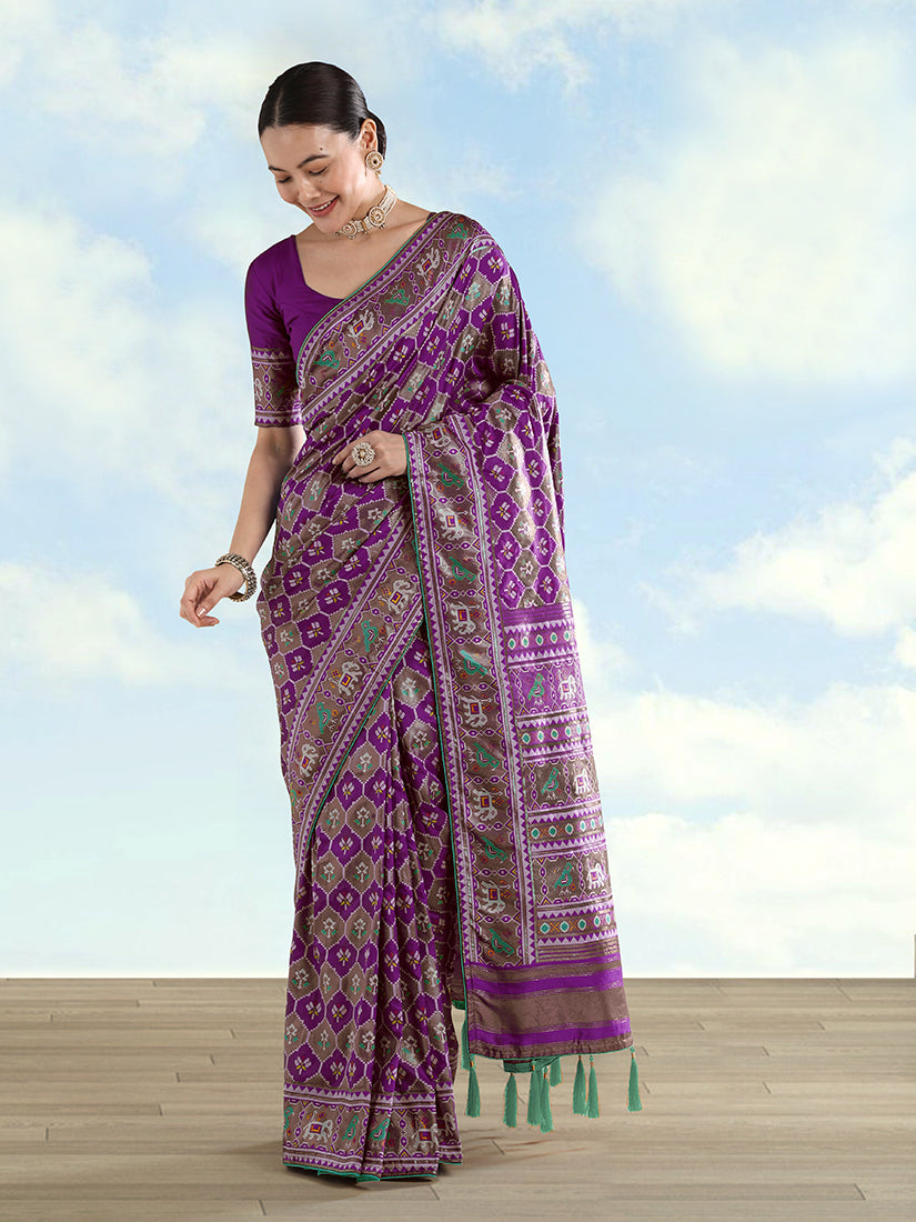 Monjolika Fashion Purple Satin Silk Saree With Patola Work And Elephant Motifs - Distacart