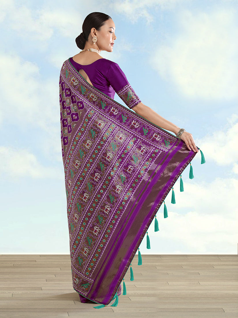 Monjolika Fashion Purple Satin Silk Saree With Patola Work And Elephant Motifs - Distacart