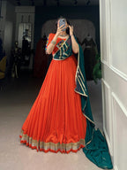 Lorenvalley Orange Pure Rayon Embossed Design Lace Touch Up Lehenga Choli with Dupatta