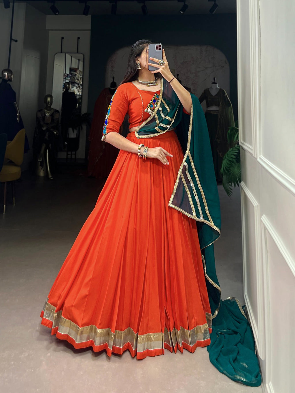 Lorenvalley Orange Pure Rayon Embossed Design Lace Touch Up Lehenga Choli with Dupatta