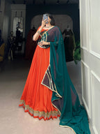 Lorenvalley Orange Pure Rayon Embossed Design Lace Touch Up Lehenga Choli with Dupatta
