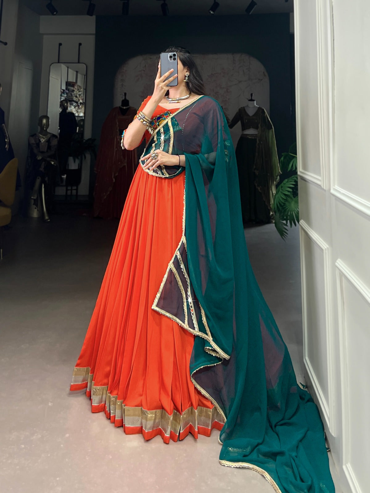 Lorenvalley Orange Pure Rayon Embossed Design Lace Touch Up Lehenga Choli with Dupatta