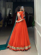 Lorenvalley Orange Pure Rayon Embossed Design Lace Touch Up Lehenga Choli with Dupatta
