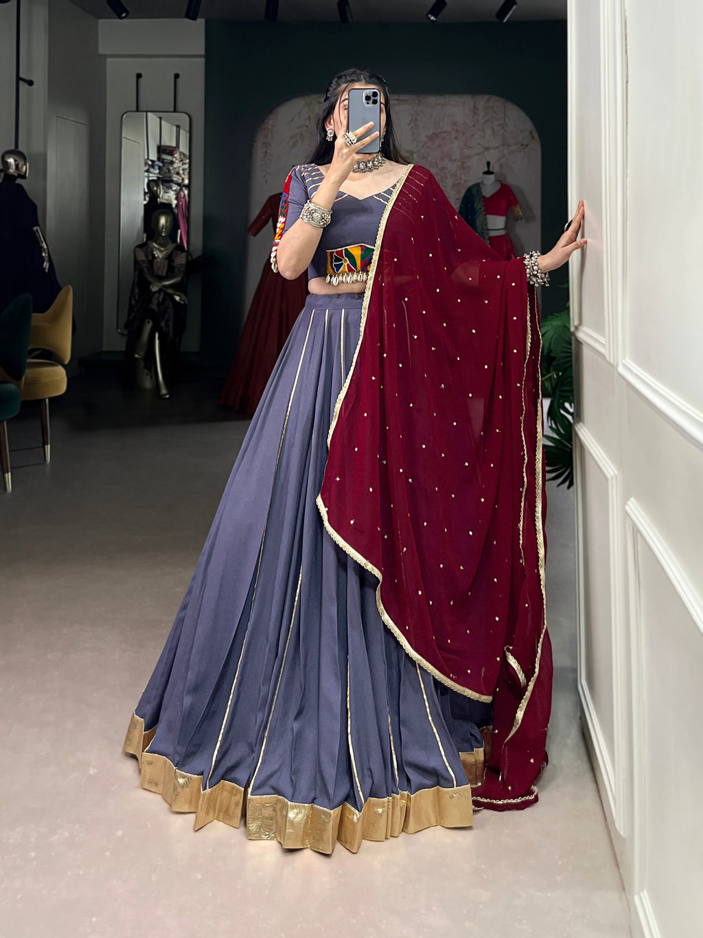 Lorenvalley Darkgrey Pure Rayon Embossed Design With Gotta Patti Lace Touch Up Lehenga Choli with Dupatta