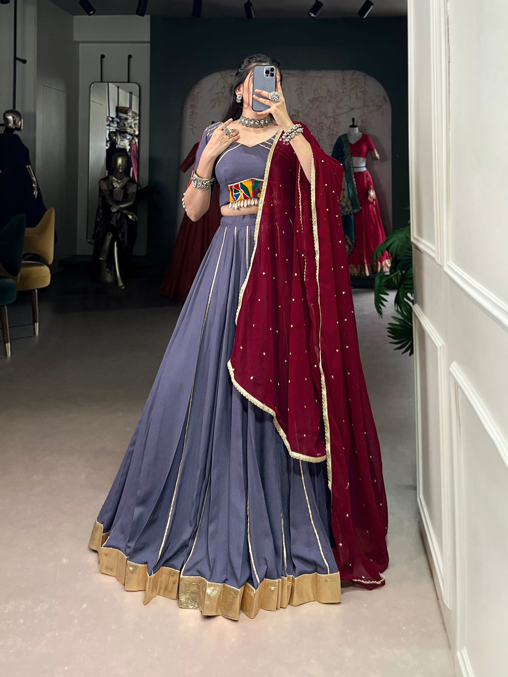 Lorenvalley Darkgrey Pure Rayon Embossed Design With Gotta Patti Lace Touch Up Lehenga Choli with Dupatta