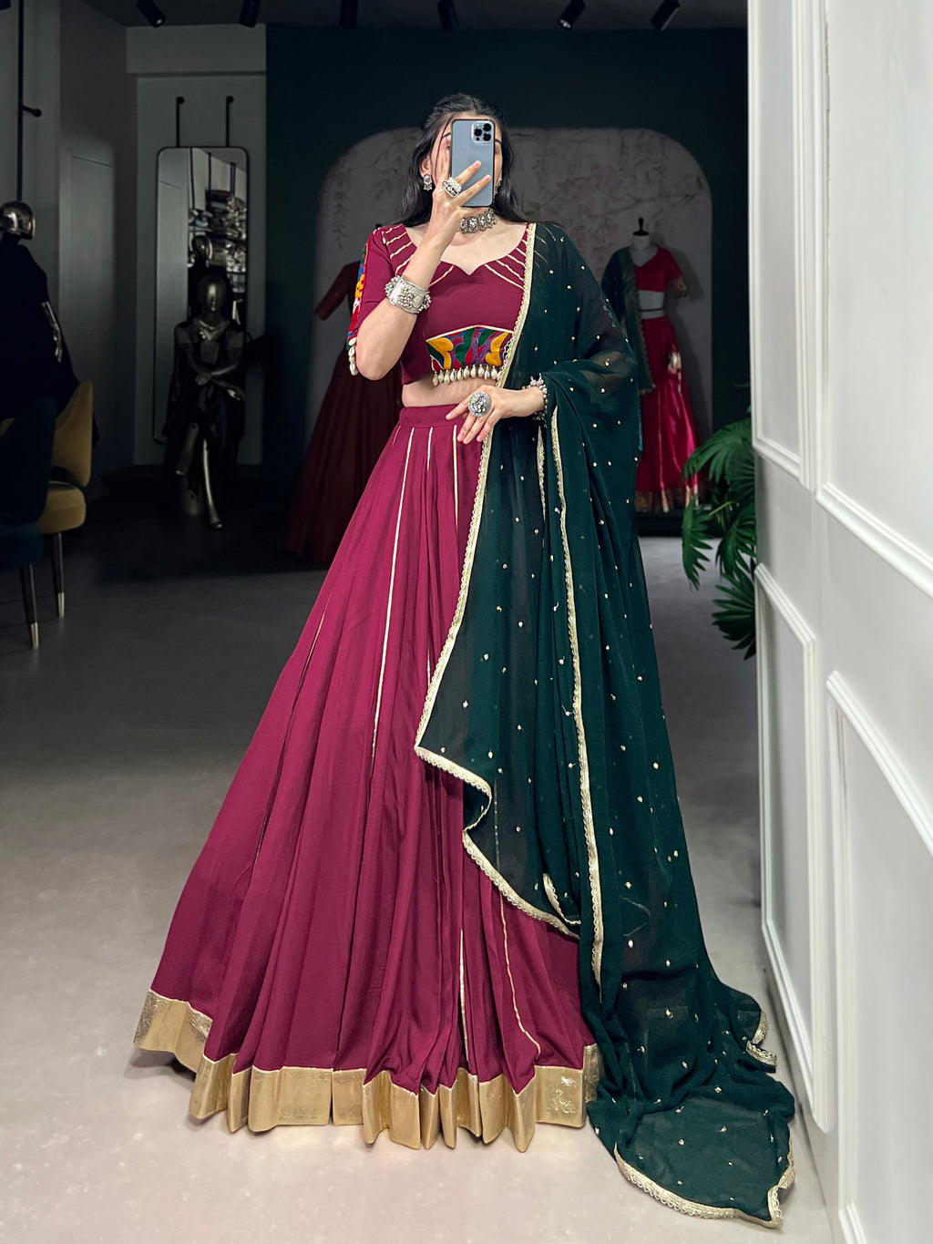 Lorenvalley Ranipink Pure Rayon Embossed Design With Gotta Patti Lace Touch Up Lehenga Choli with Dupatta