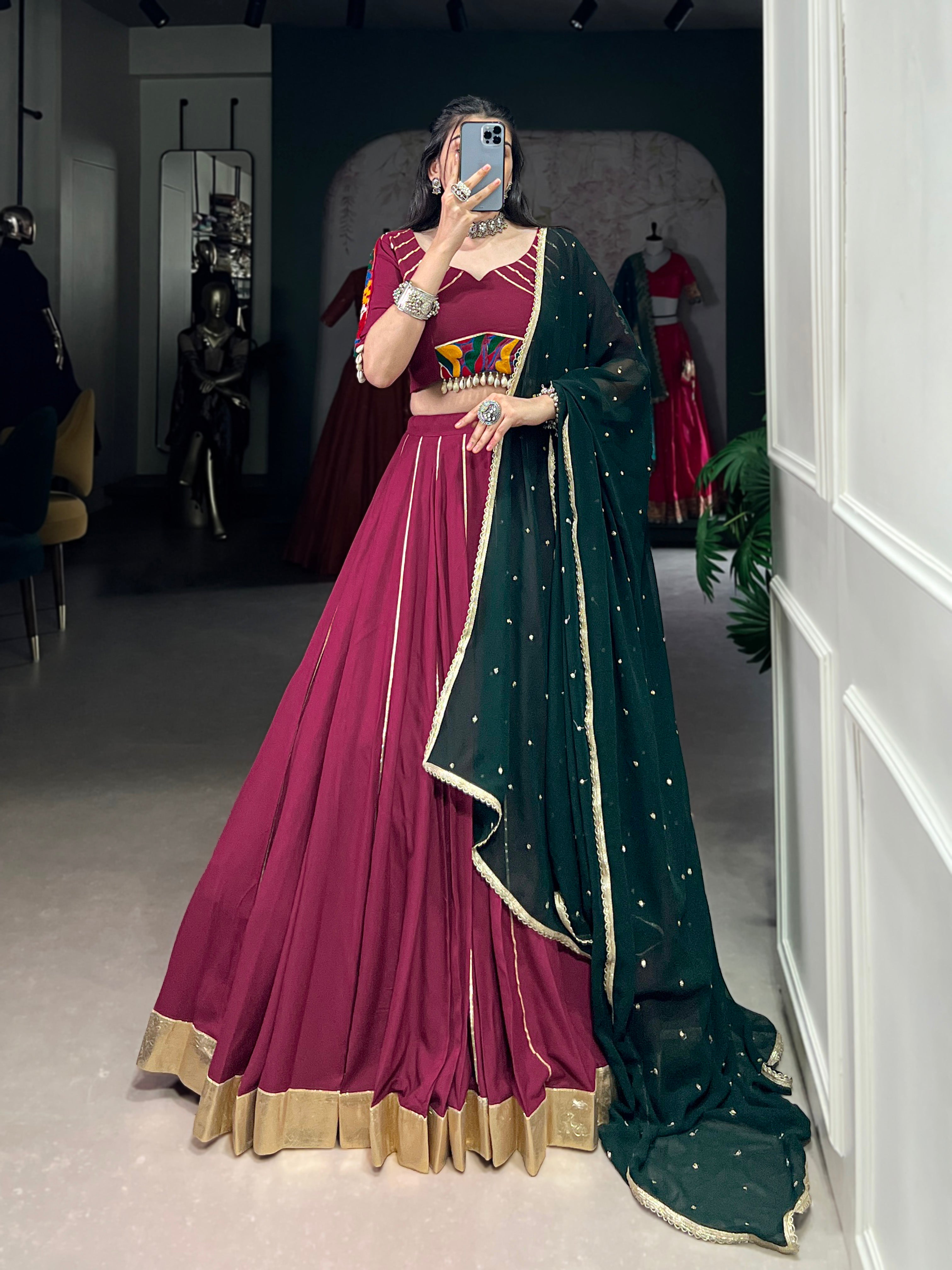 Lorenvalley Ranipink Pure Rayon Embossed Design With Gotta Patti Lace Touch Up Lehenga Choli with Dupatta